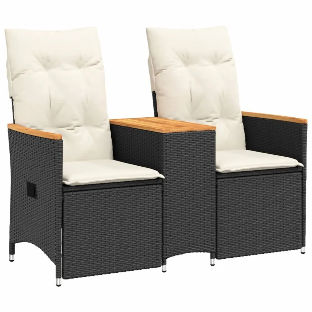 Sofá de jardim reclinável 2 lugares com mesa vime PE preto Dobrável e Portátil