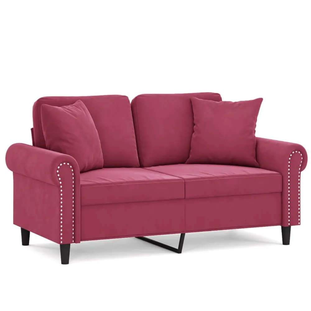 Sofá 2 lug. + almofadas decorativas 120cm veludo vermelho tinto | Montagem Fácil e Rápida