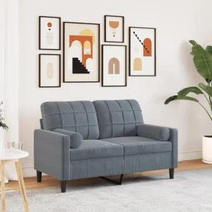 Sofá 2 lug. com almofadas decorativas 120 cm veludo cinza-escuro com Apoio para Bebidas