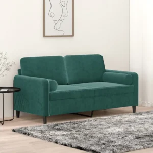 Sofá 2 lug. com almofadas decorativas 140cm veludo verde-escuro com Estrutura em Alumínio