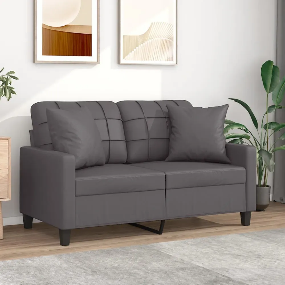 Sofá 2 lugares + almofadas decorativas 120cm couro artif. cinza | Montagem Fácil e Rápida