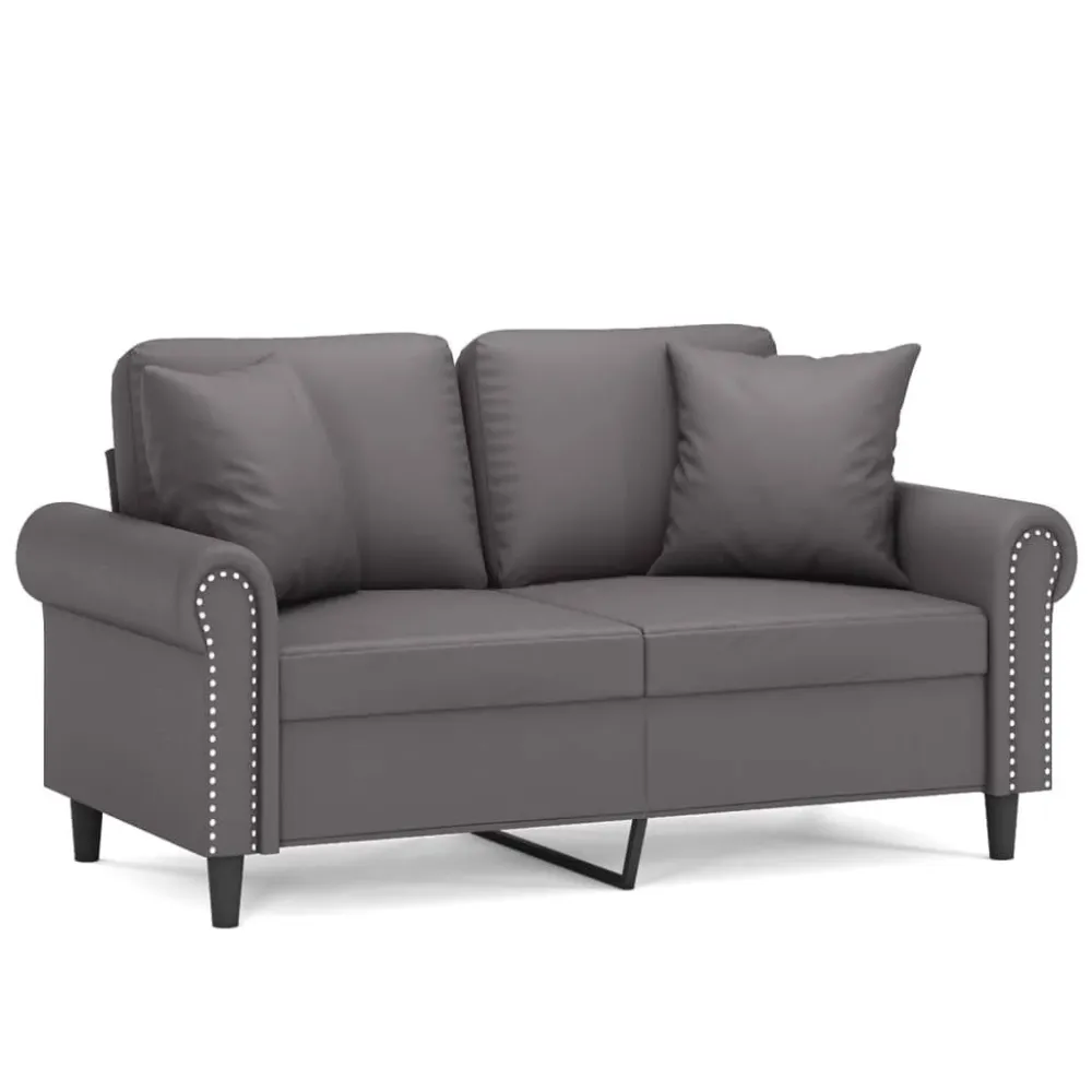 Sofá 2 lugares + almofadas decorativas 120cm couro artif. cinza em Ferro Forjado