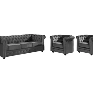 Sofá de 3 lugares e 2 cadeirões veludo antracite CHESTERFIELD Fácil de Guardar