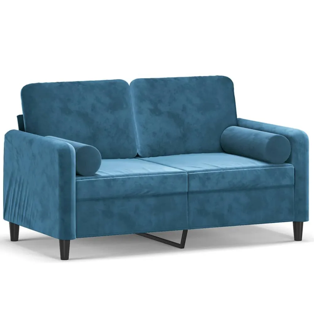 Sofá 2 lugares com almofadas decorativas 120 cm veludo azul com Almofada Inclusa