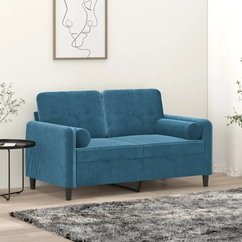 Sofá 2 lugares com almofadas decorativas 120 cm veludo azul com Almofada Inclusa