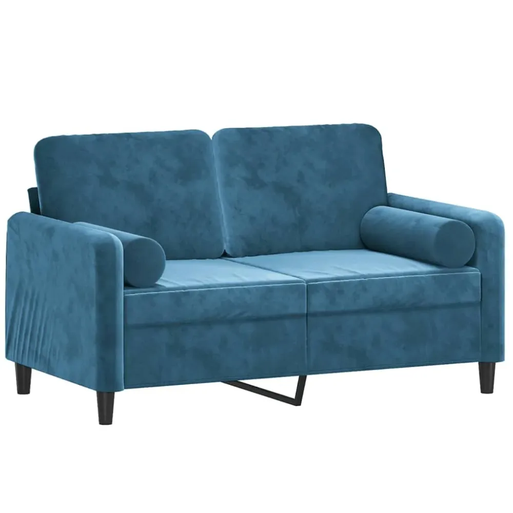 Sofá 2 lugares com almofadas decorativas 120 cm veludo azul com Almofada Inclusa