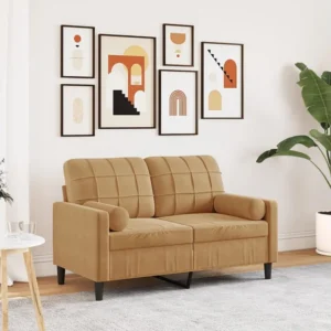 Sofá 2 lugares com almofadas decorativas 120 cm veludo castanho com Encosto Ajustável