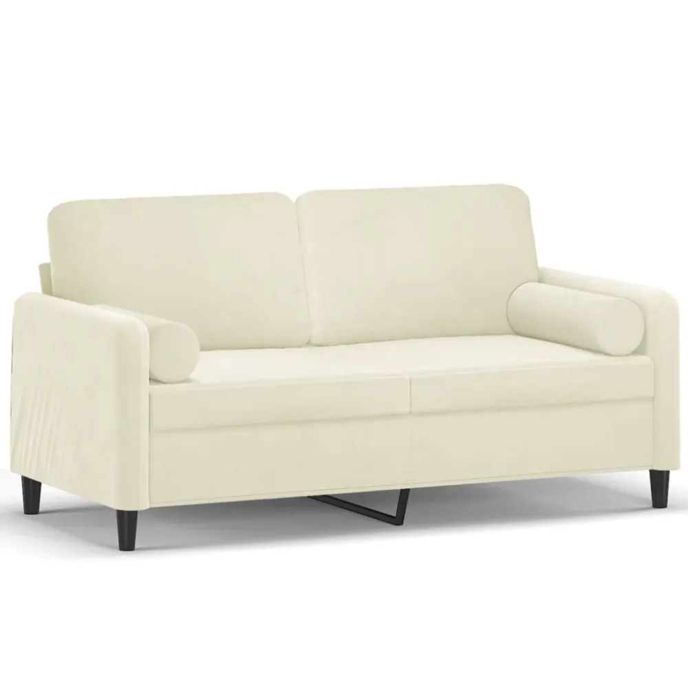 Sofá 2 lugares com almofadas decorativas 140 cm veludo creme com Apoio para Bebidas