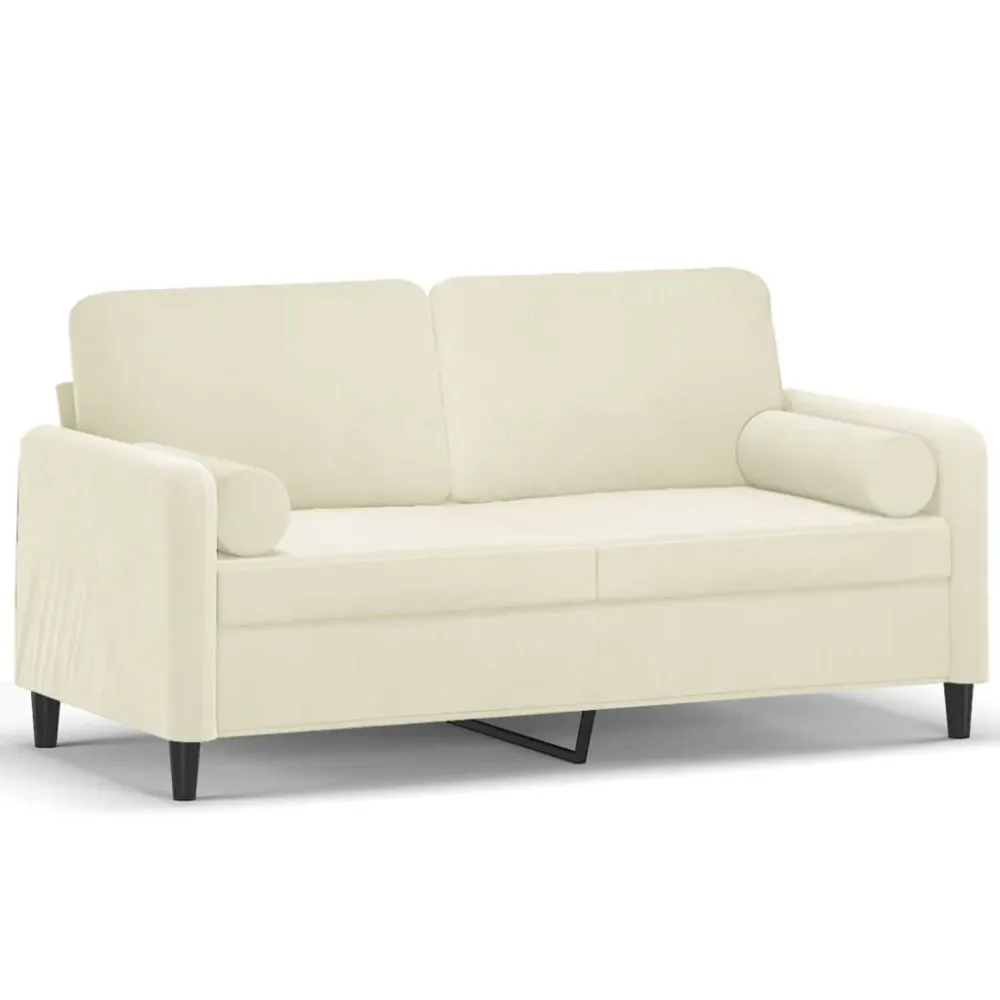 Sofá 2 lugares com almofadas decorativas 140 cm veludo creme com Apoio para Bebidas
