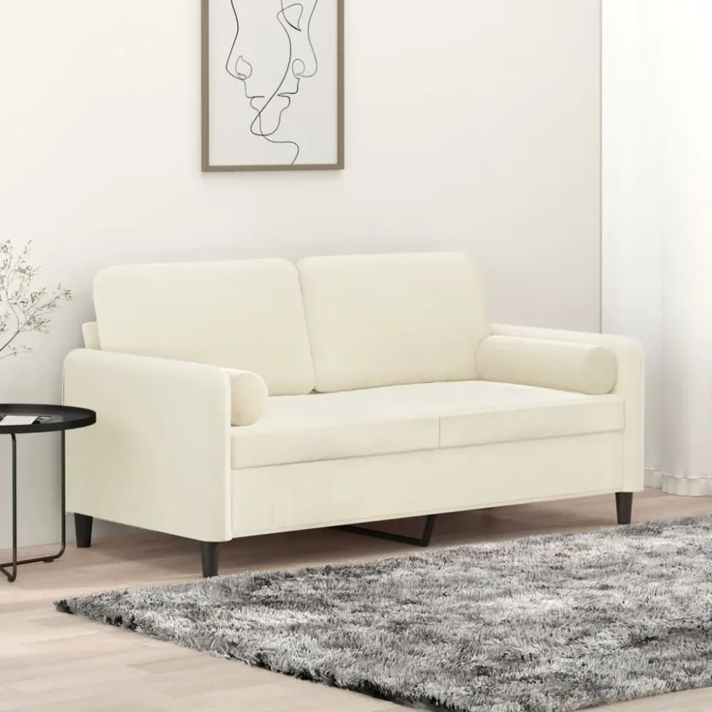 Sofá 2 lugares com almofadas decorativas 140 cm veludo creme com Apoio para Bebidas