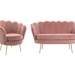 Sofá de 2 lugares e poltrona forma concha veludo cor-de-rosa DANDELION Fácil de Guardar