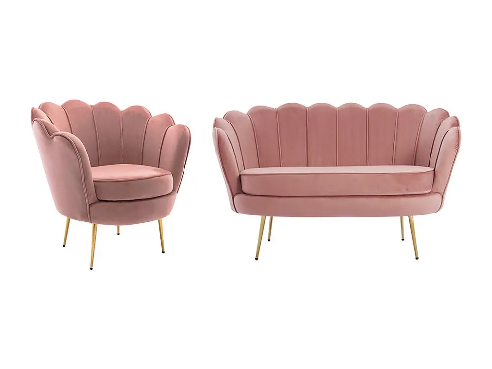 Sofá de 2 lugares e poltrona forma concha veludo cor-de-rosa DANDELION Fácil de Guardar