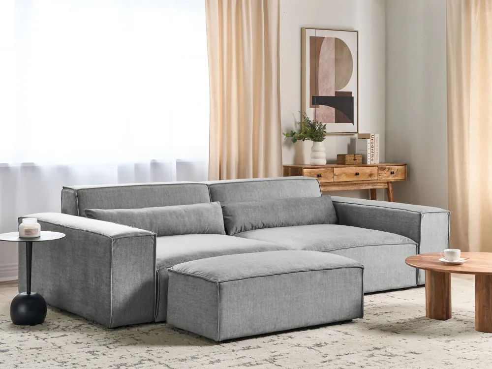 Sofá modular 2 lugares com repousa-pés em tecido cinzento HELLNAR