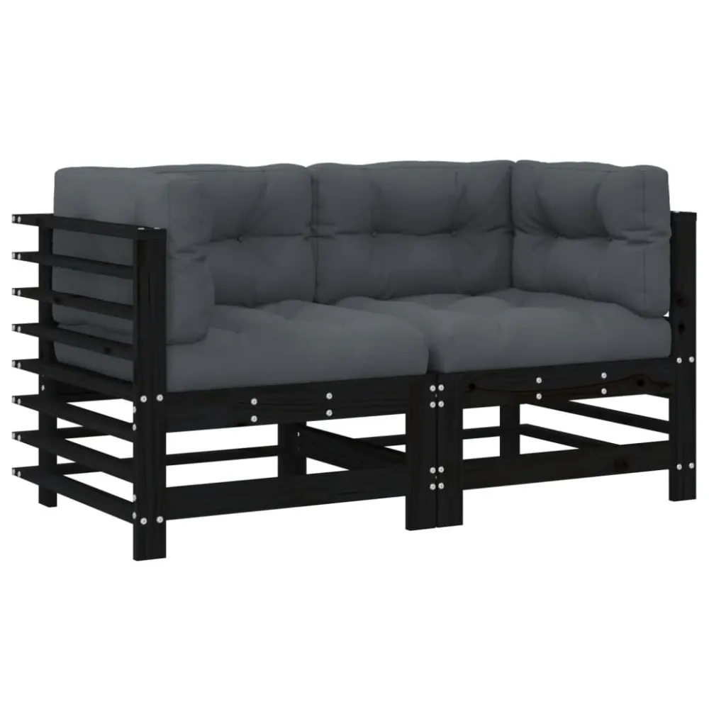 Sofás de canto com almofadões 2 pcs pinho maciço preto | Resistente à Chuva | Confortável