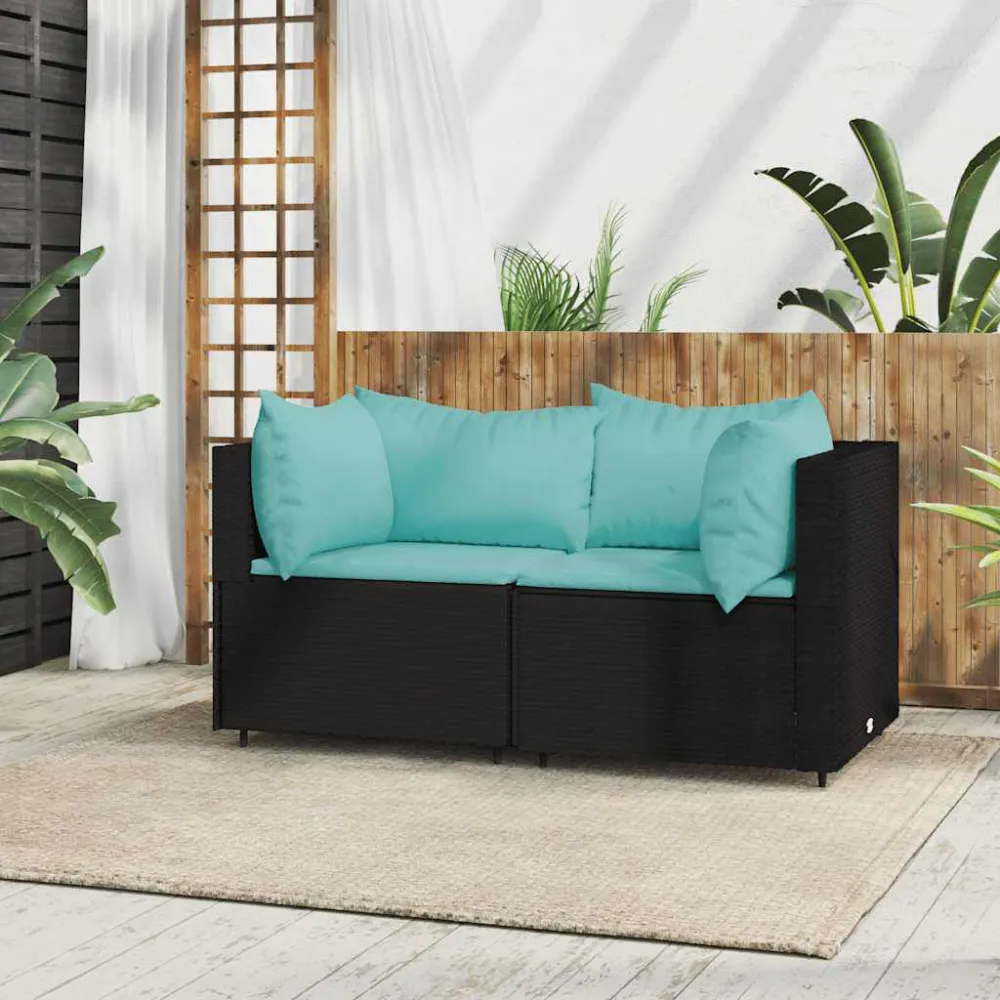 Sofás de canto para jardim com almofadões 2 pcs vime PE preto Fácil de Guardar