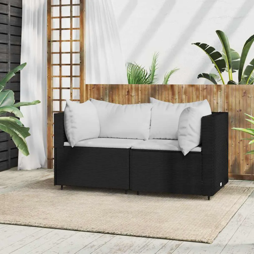 Sofás de canto para jardim com almofadões 2 pcs vime PE preto com Apoio para Bebidas