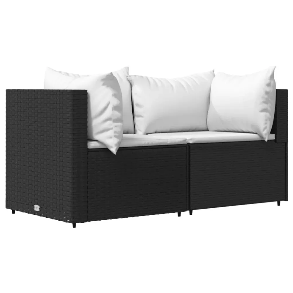 Sofás de canto para jardim com almofadões 2 pcs vime PE preto com Apoio para Bebidas