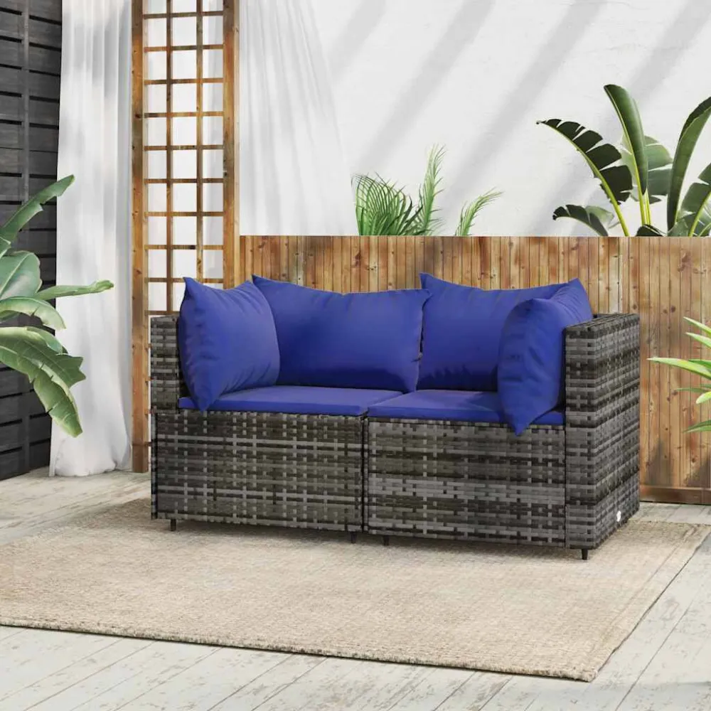 Sofás de canto para jardim com almofadões 2 pcs vime PE cinzento | Montagem Fácil e Rápida