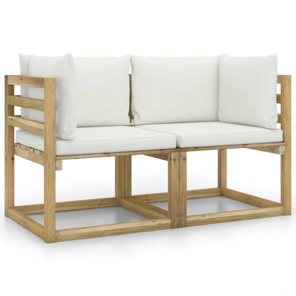 Sofás de canto para jardim com almofadões 2pcs pinho impreg. verde com Tecido Impermeável UV
