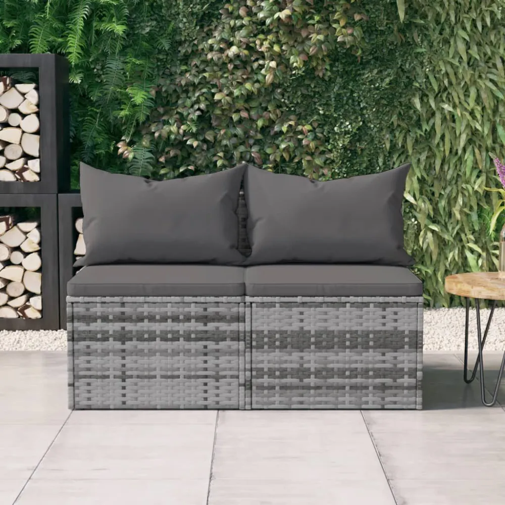 Sofás de centro para jardim com almofadões 2 pcs vime PE cinzento em Tecido Sunbrella