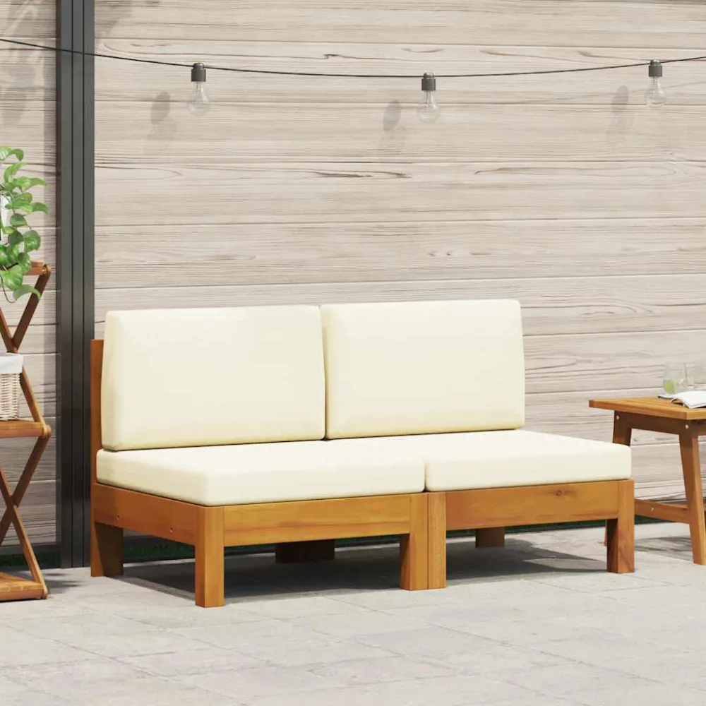 Sofás de centro 2 pcs com almofadões branco nata acácia maciç para Piscina e Jardim