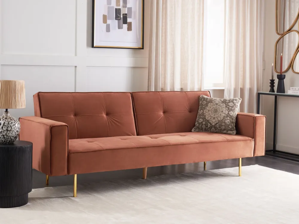 Estofado em Veludo Sofá-cama em veludo castanho dourado VISNES