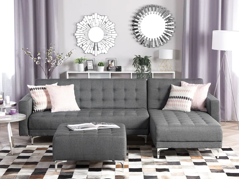 Left Hand Fabric Corner Sofa Ottoman Grey ABERDEEN Couro Ecológico