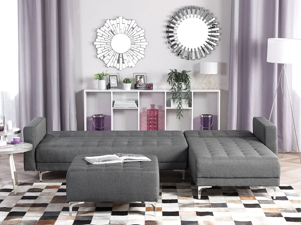 Left Hand Fabric Corner Sofa Ottoman Grey ABERDEEN Couro Ecológico