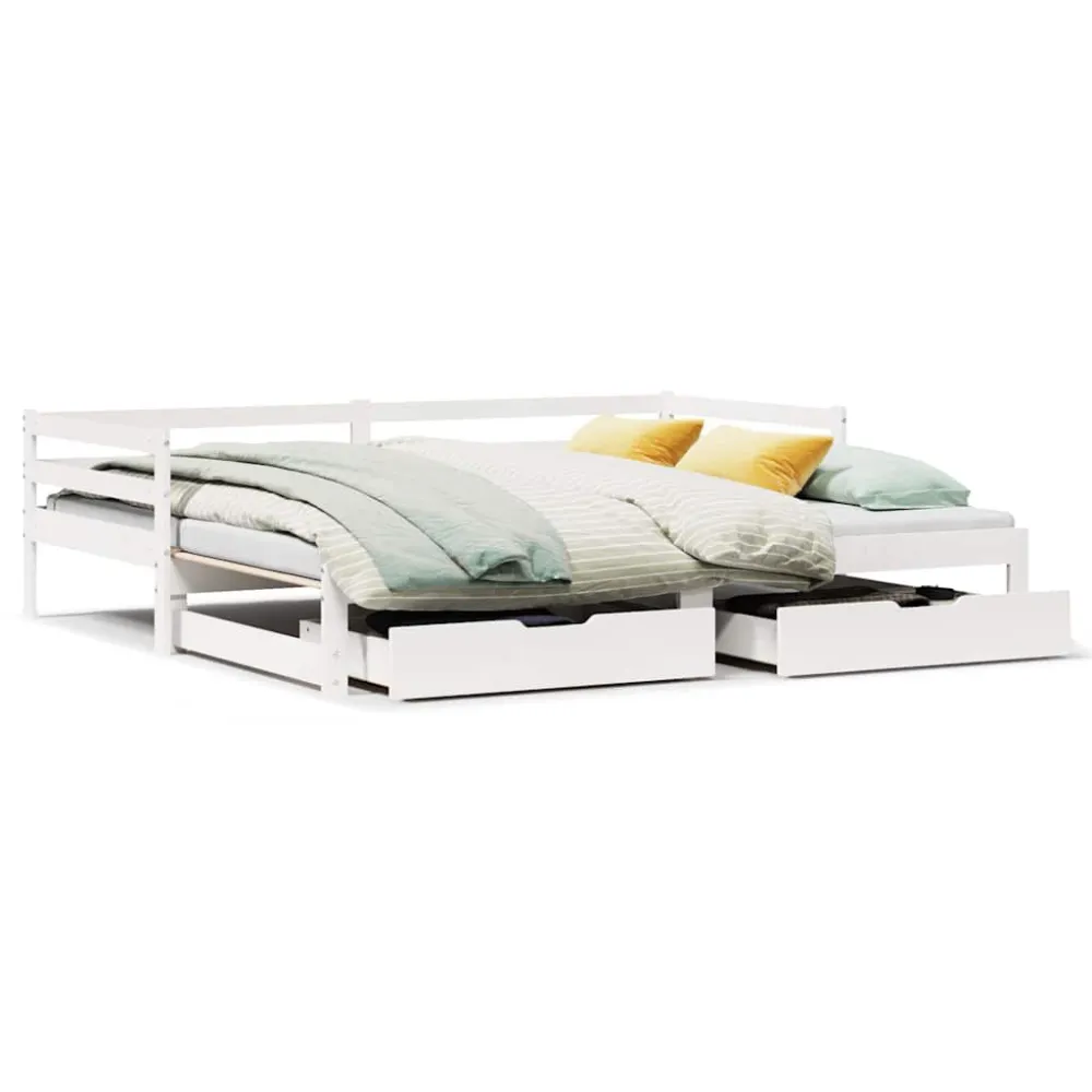 Madeira Maciç Sofá-cama com gavetão e gavetas sem colchão 90x200 cm branco