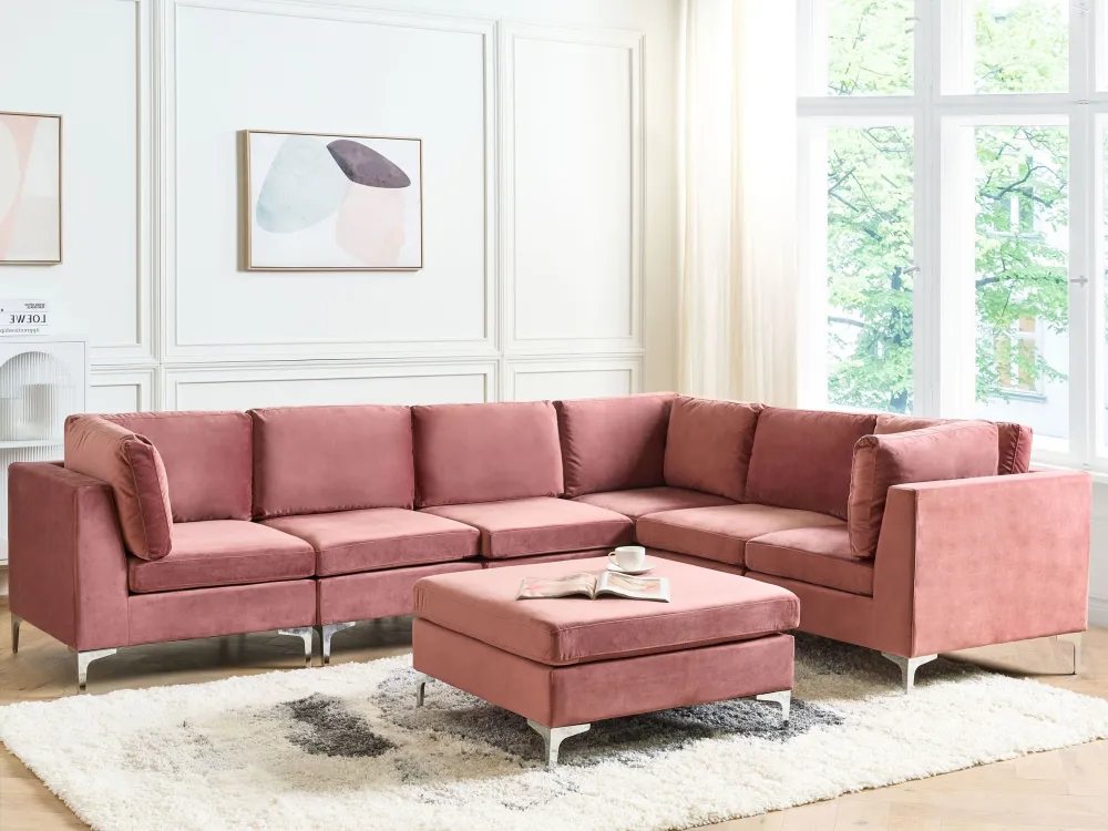 Mesa de Centro Sofá de canto de 6 lugares em veludo rosa com repousa-pés versão à esquerda EVJA
