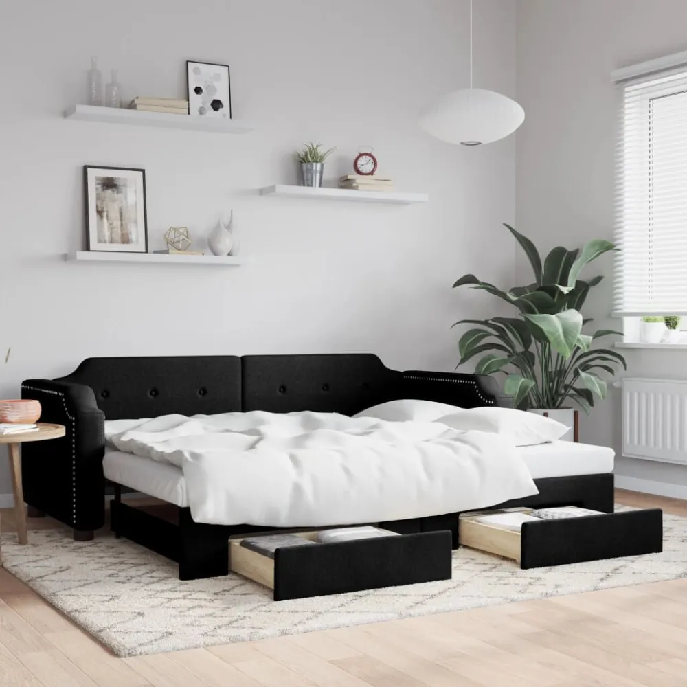 Sofá-cama com gavetão e gavetas 90x200 cm tecido preto com 10 Anos de Garantia no Mecanismo