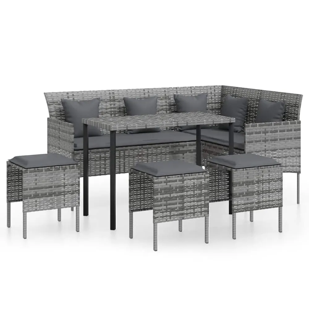 Banco de Jardim 5 pcs conjunto sofás formato L com almofadões vime PE cinzento