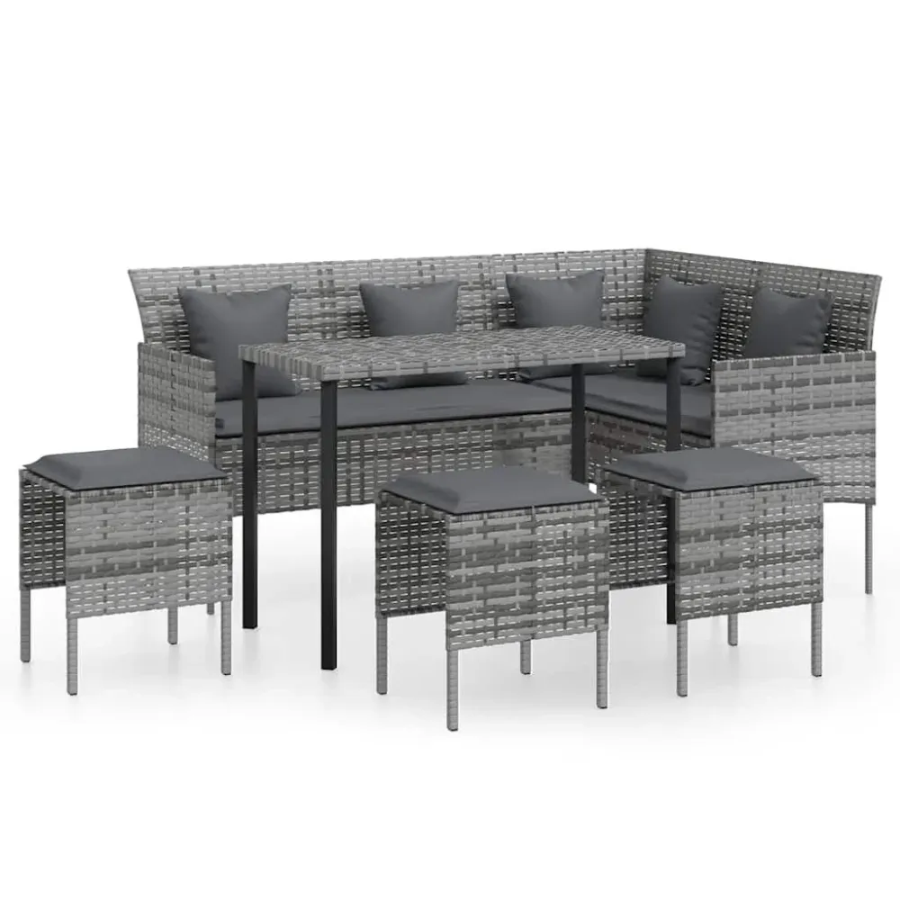 Banco de Jardim 5 pcs conjunto sofás formato L com almofadões vime PE cinzento