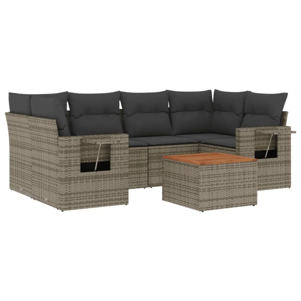 Banco de Jardim 7 pcs conjunto sofás para jardim com almofadões vime PE cinzento