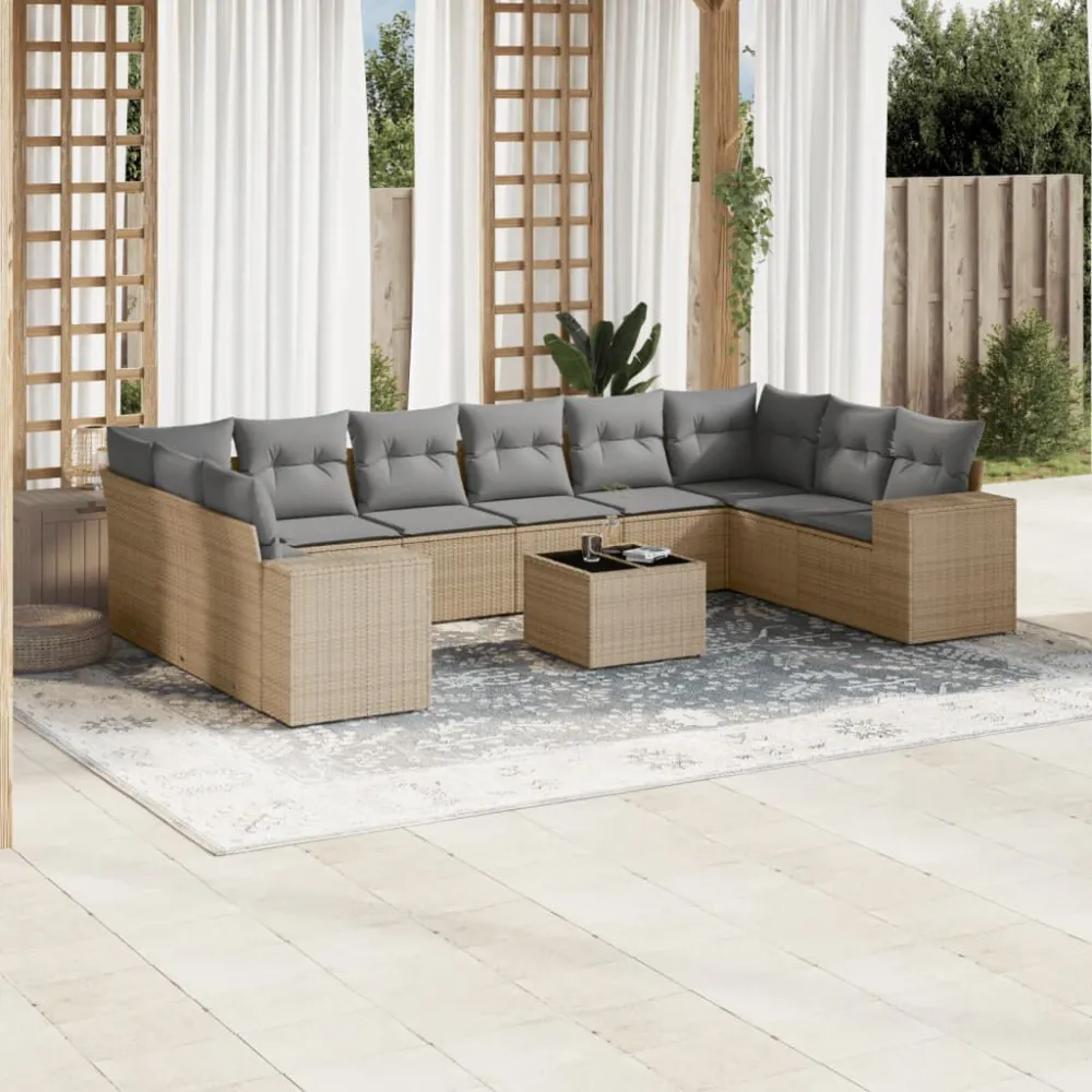 Banco de Madeira para 11 pcs conjunto sofás de jardim com almofadões vime PE bege
