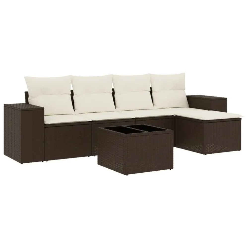 Banco de Madeira para 6 pcs conjunto de sofás jardim com almofadões vime PE castanho
