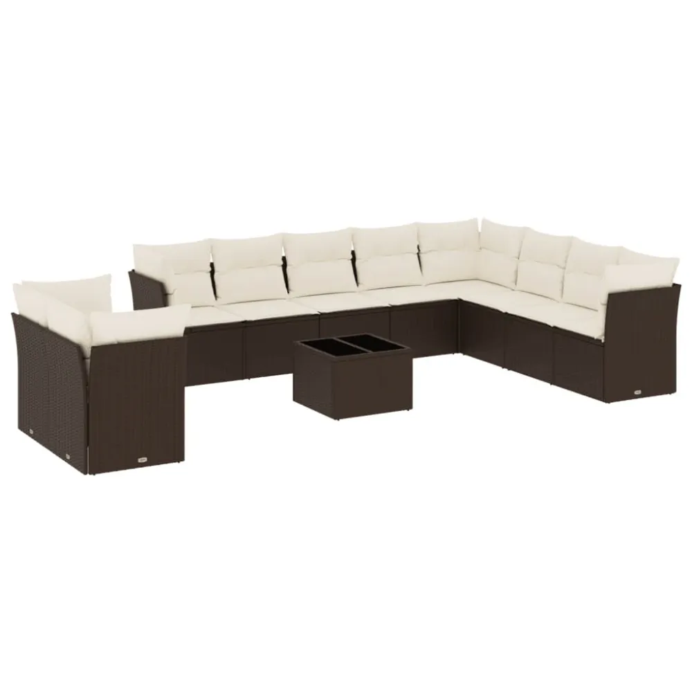 Banco de Madeira para 11 pcs conjunto sofás de jardim com almofadões vime PE castanho