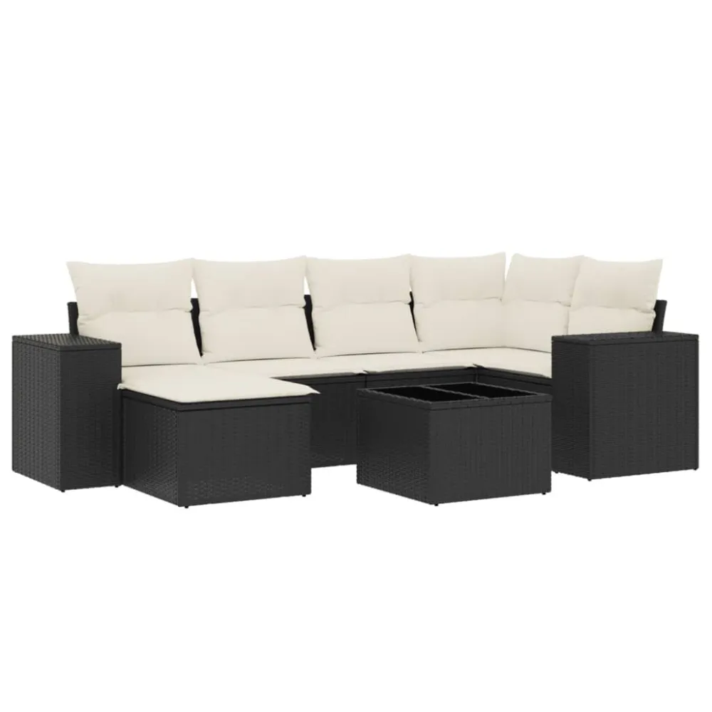 Banco de Madeira para 7 pcs conjunto de sofás para jardim com almofadões vime PE preto