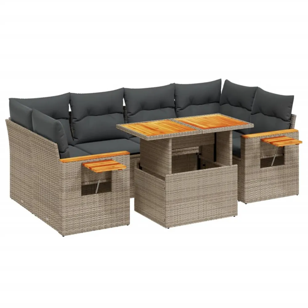 Banco de Madeira para 7 pcs conjunto sofás para jardim com almofadões vime PE cinzento