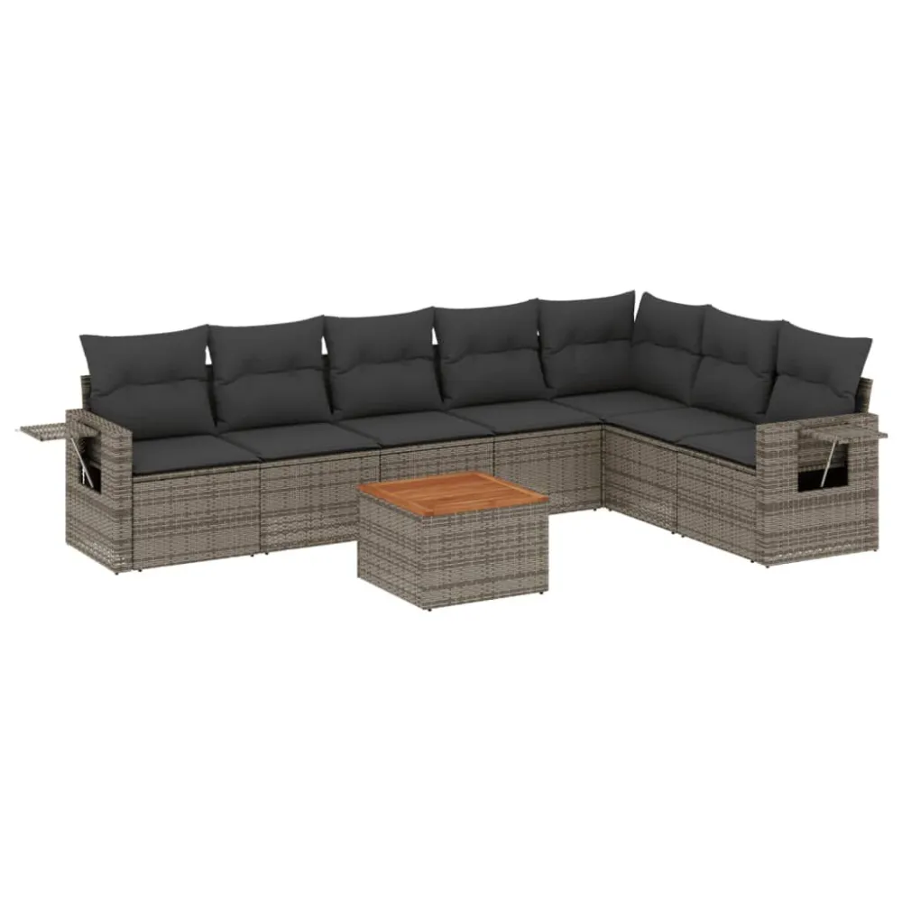 Banco de Madeira para 8 pcs conjunto sofás de jardim com almofadões vime PE cinzento