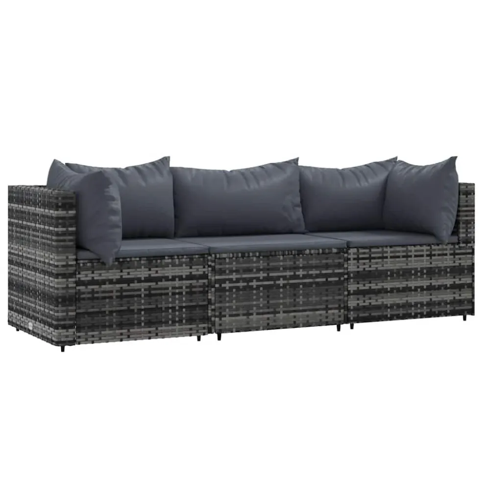 Cadeira de Balanço 3 pcs conjunto lounge de jardim com almofadões vime PE cinzento