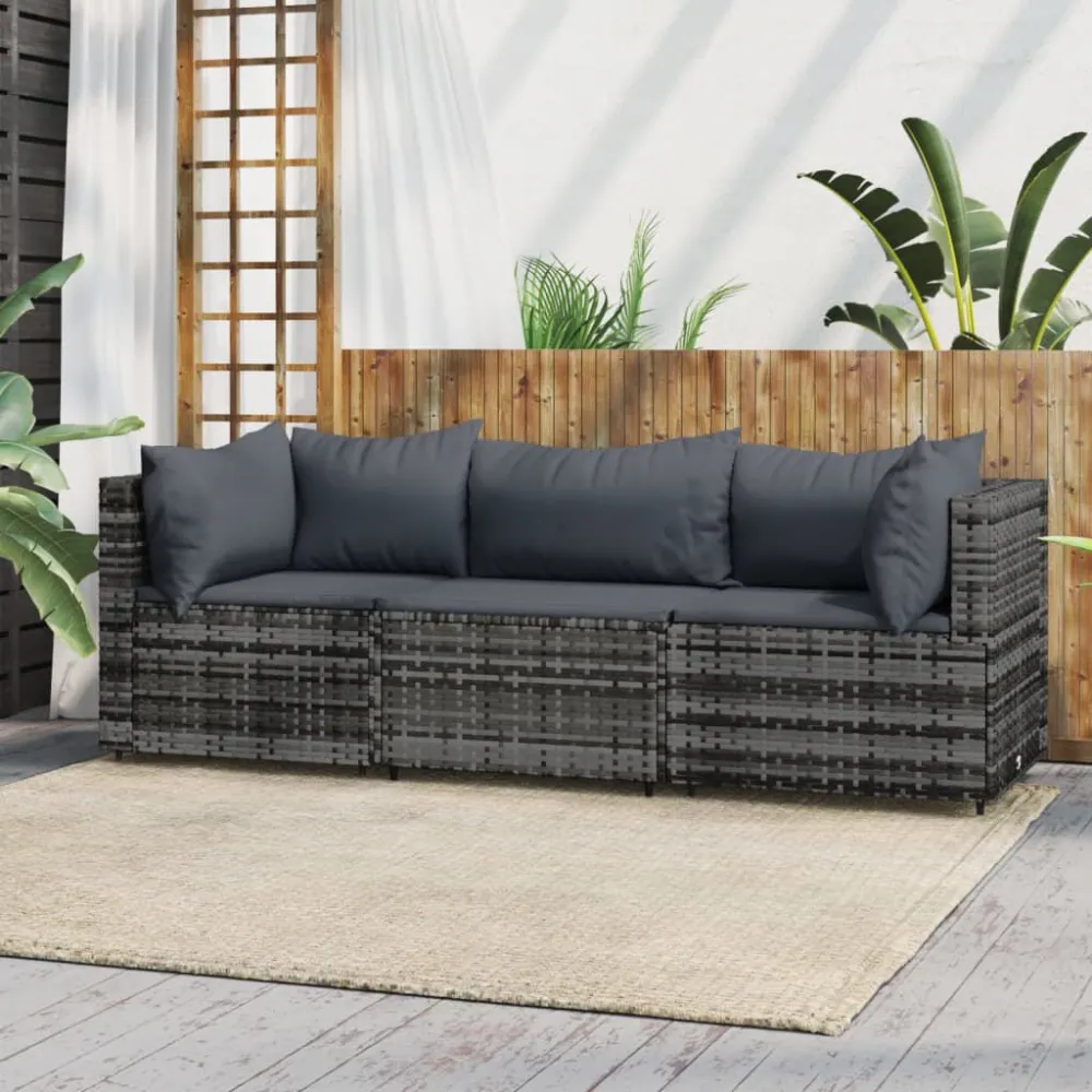 Cadeira de Balanço 3 pcs conjunto lounge de jardim com almofadões vime PE cinzento