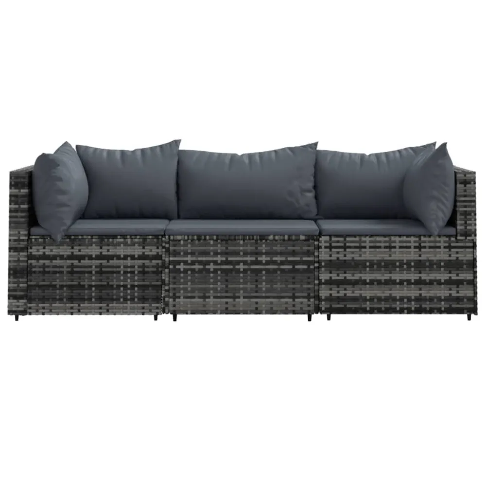 Cadeira de Balanço 3 pcs conjunto lounge de jardim com almofadões vime PE cinzento