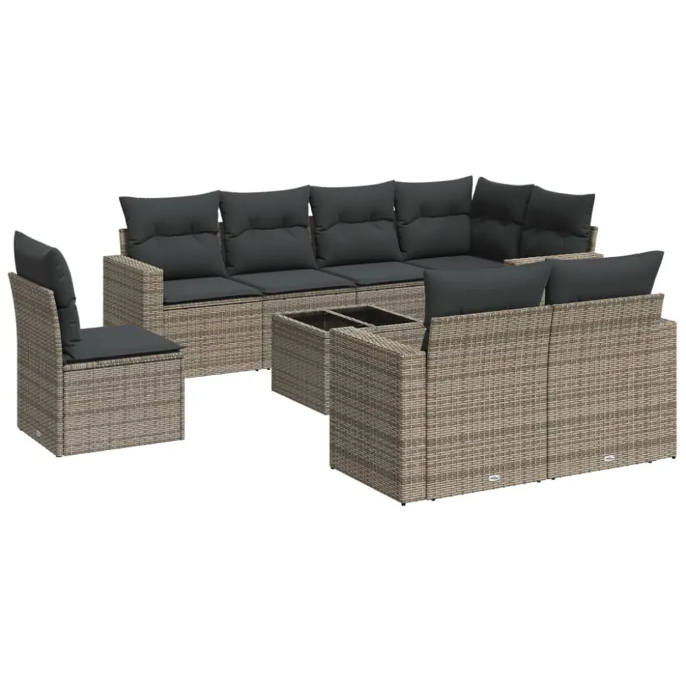 Cadeira de Balanço 9 pcs conjunto sofás para jardim com almofadões vime PE cinzento