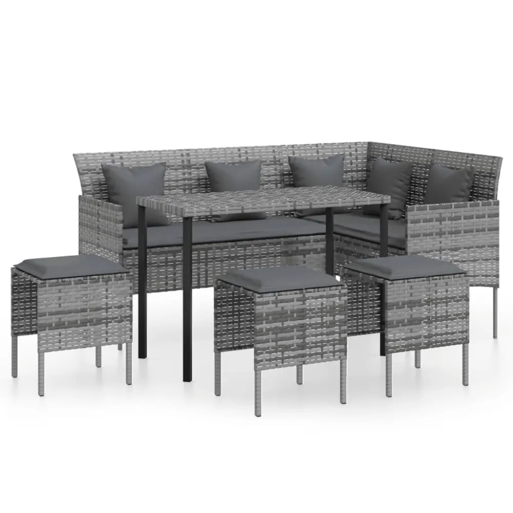 Conjunto Completo de 5 pcs conjunto sofás formato L com almofadões vime PE cinzento
