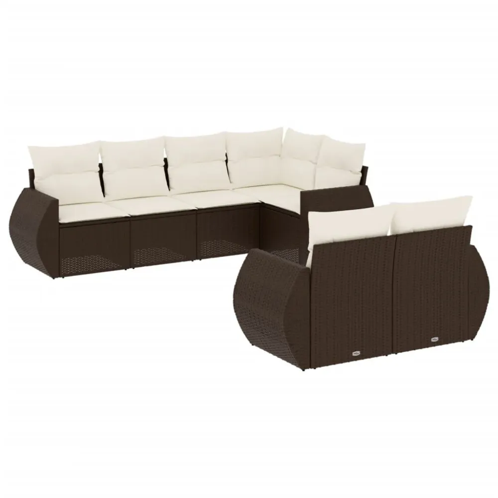 Conjunto Completo de 7 pcs conjunto de sofás jardim com almofadões vime PE castanho