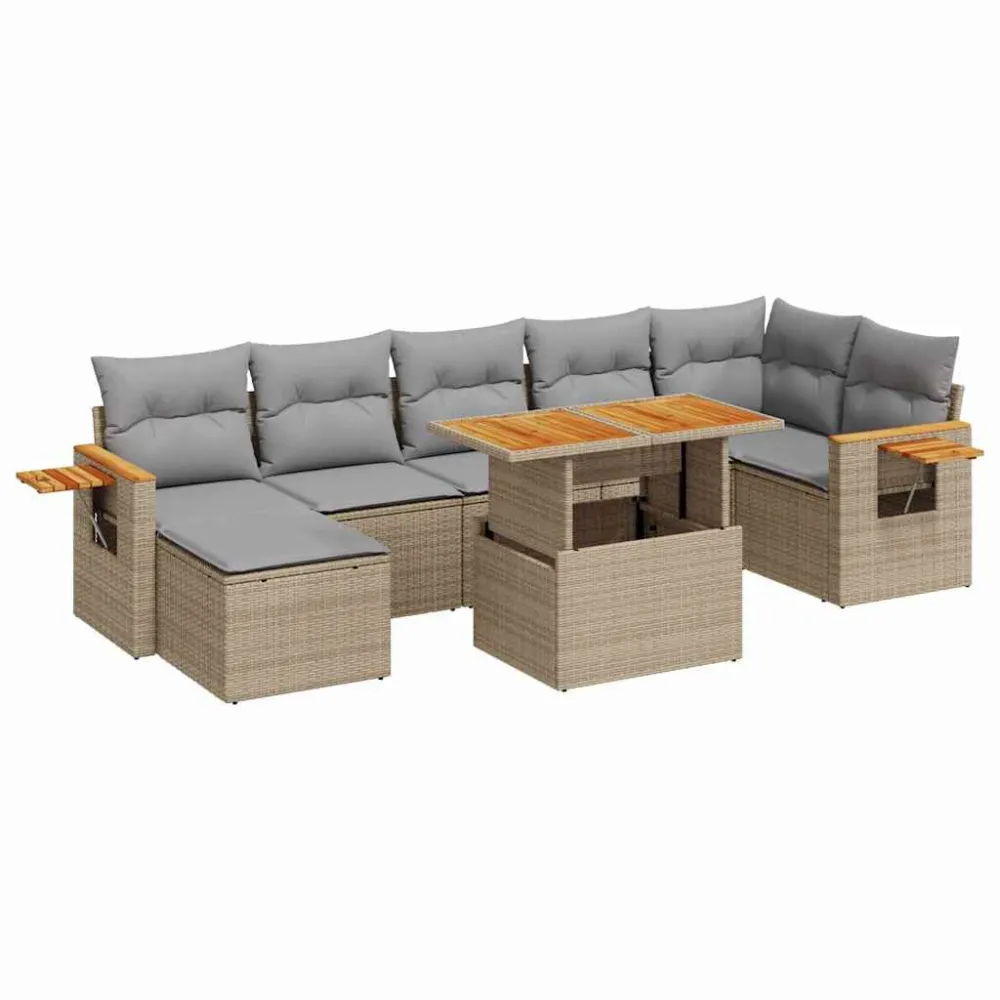 Conjunto Completo de 8 pcs conjunto sofás jardim com almofadões vime PE/acácia bege