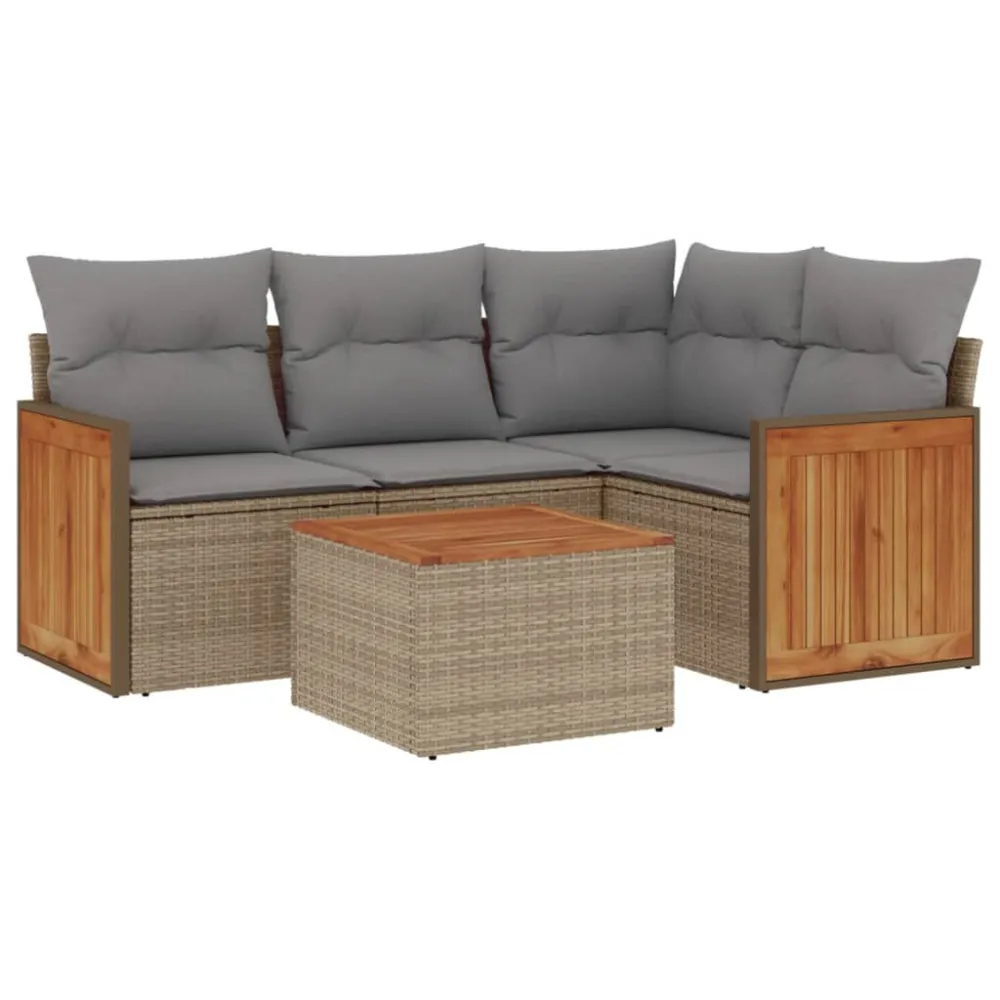 Conjunto Completo de 5 pcs conjunto de sofás para jardim com almofadões vime PE bege