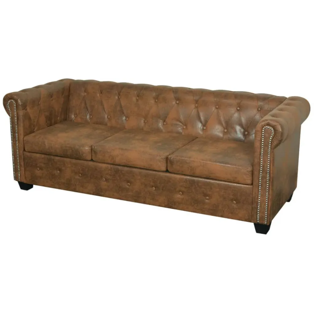 Conjunto Completo de Sofá Chesterfield 3 lugares couro artificial castanho