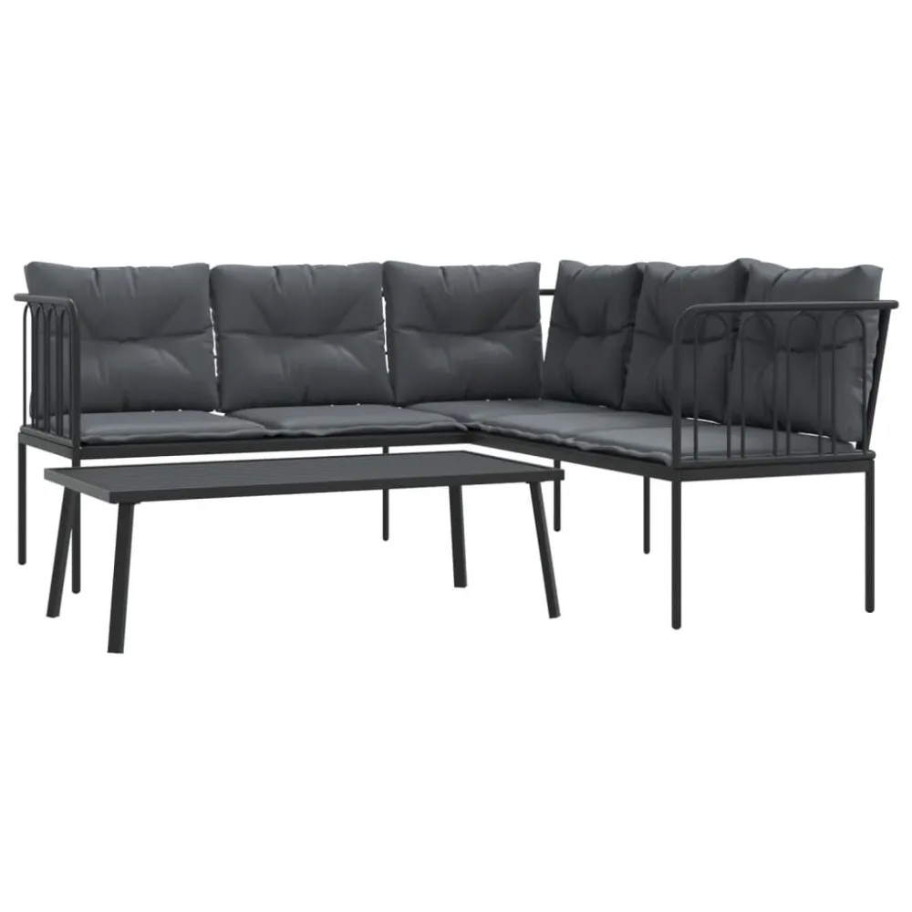 Conjunto de sofás de jardim com almofadões ço/textilene preto em Tecido Sunbrella